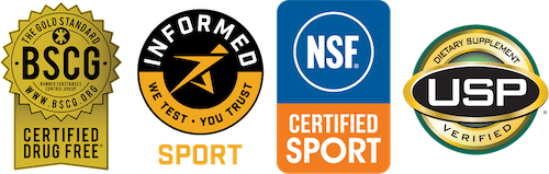 Logos for Banned Substances Control Group, Informed-Sport.com, NSF Certified Sport, USP Dietary Supplement Verified